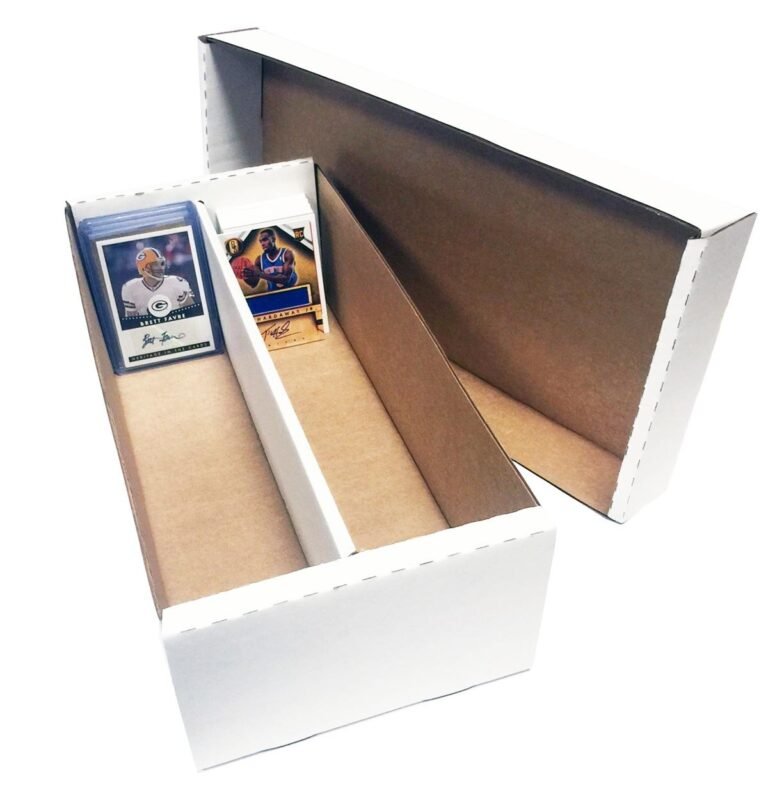 Cardboard storage boxes with sports cards inside, white exterior, brown interior