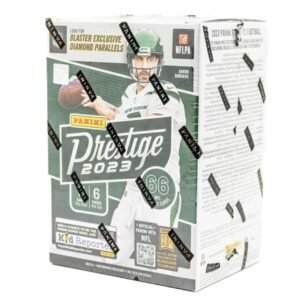 Panini Prestige 2023 NFL football card box featuring Aaron Rodgers