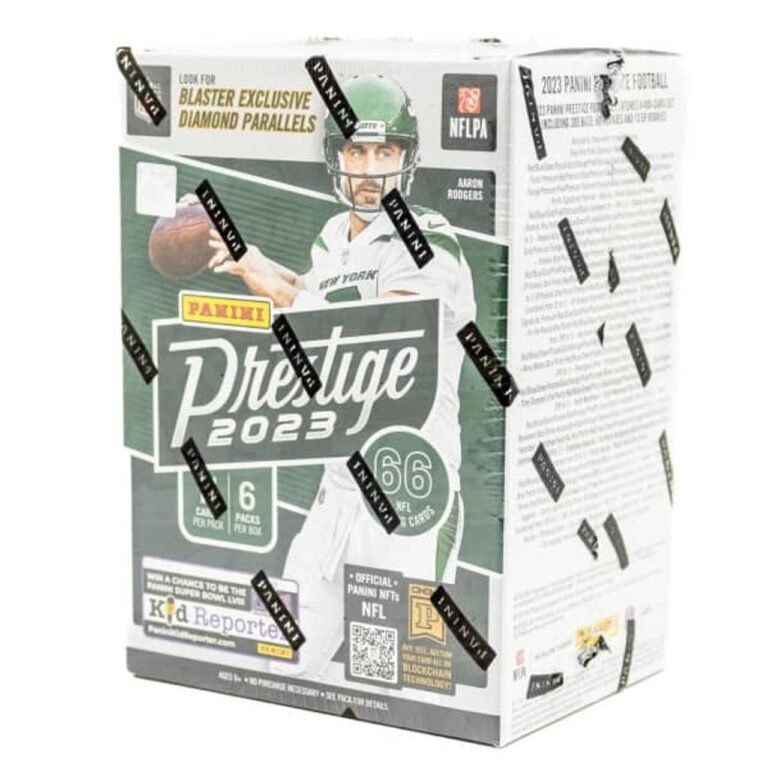 Panini Prestige 2023 NFL football card box featuring Aaron Rodgers