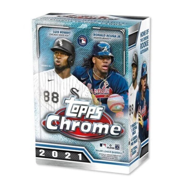 Topps Chrome 2021 baseball card box featuring Luis Robert and Ronald Acuña Jr