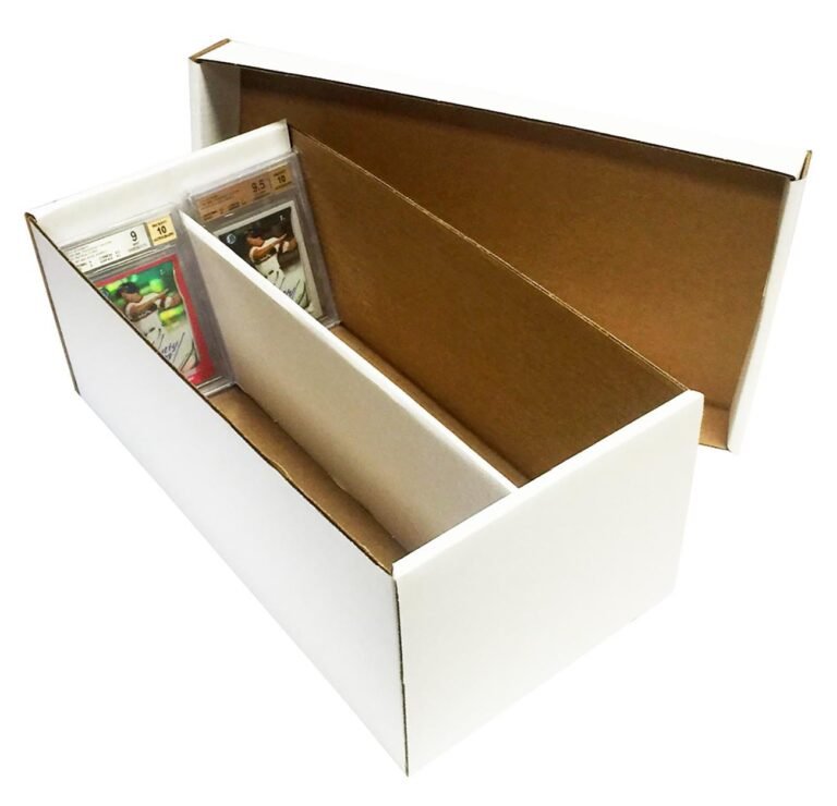 White cardboard storage box with graded baseball cards inside
