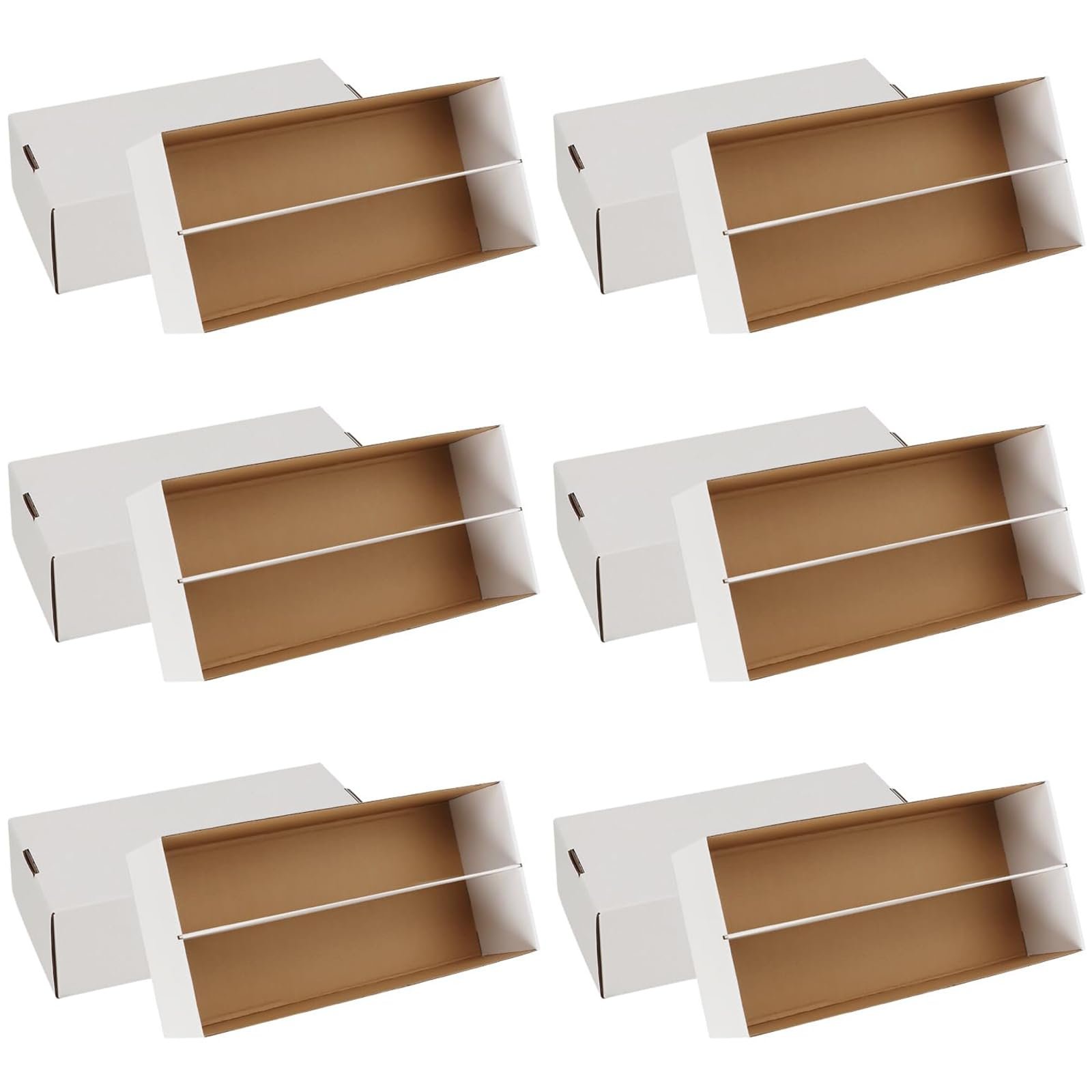Six white cardboard shoe boxes with dividers, arranged in a grid