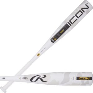 Two white Rawlings Icon baseball bats with camouflage pattern, angled
