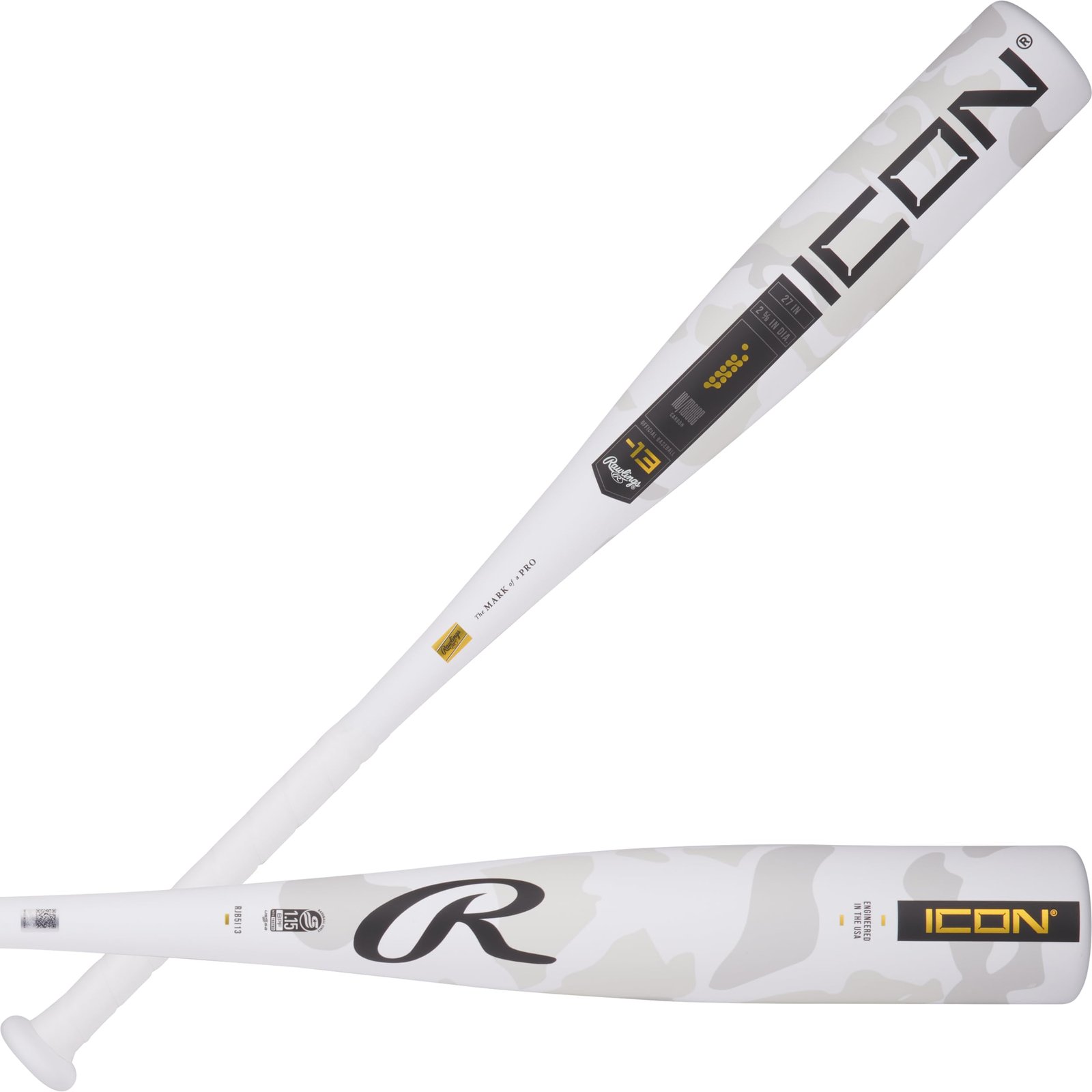 Two white Rawlings Icon baseball bats with camouflage pattern, angled