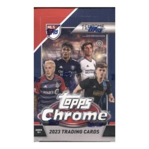 Topps Chrome 2023 MLS trading card box featuring soccer players