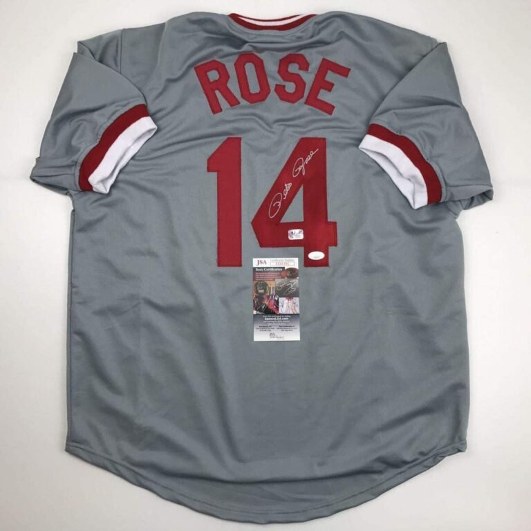 Pete Rose signed baseball jersey, gray with red lettering and number 14