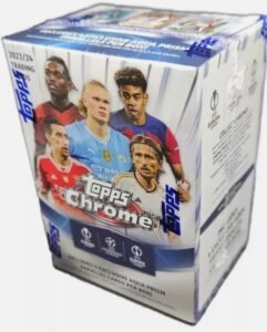 Topps Chrome 2023/24 trading card box featuring soccer players