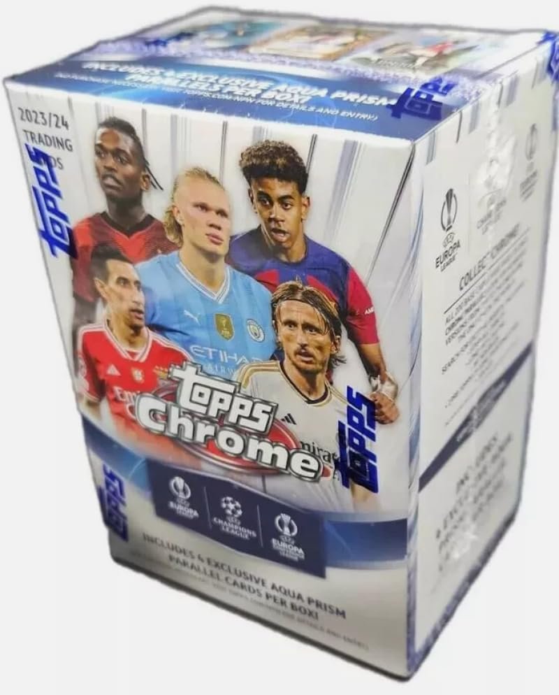 Topps Chrome 2023/24 trading card box featuring soccer players