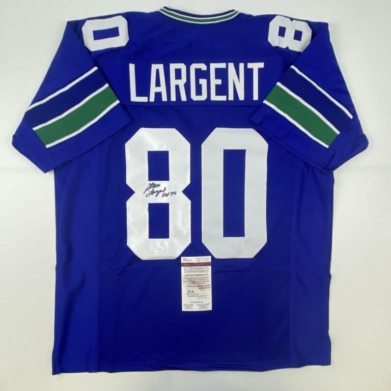 Blue Seattle Seahawks jersey with "LARGENT" and "80", signed by Steve Largent