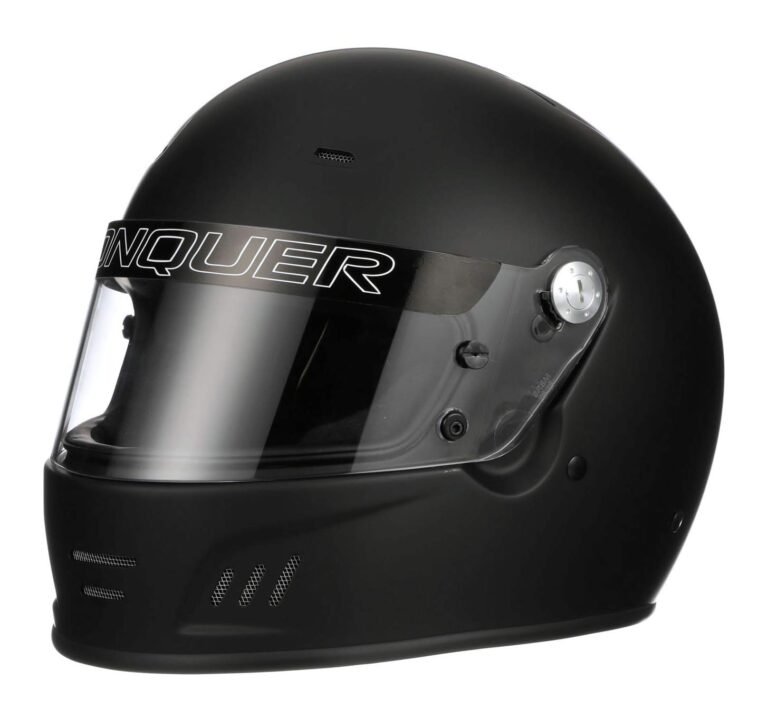 Black racing helmet with "CONQUER" on the visor and clear face shield