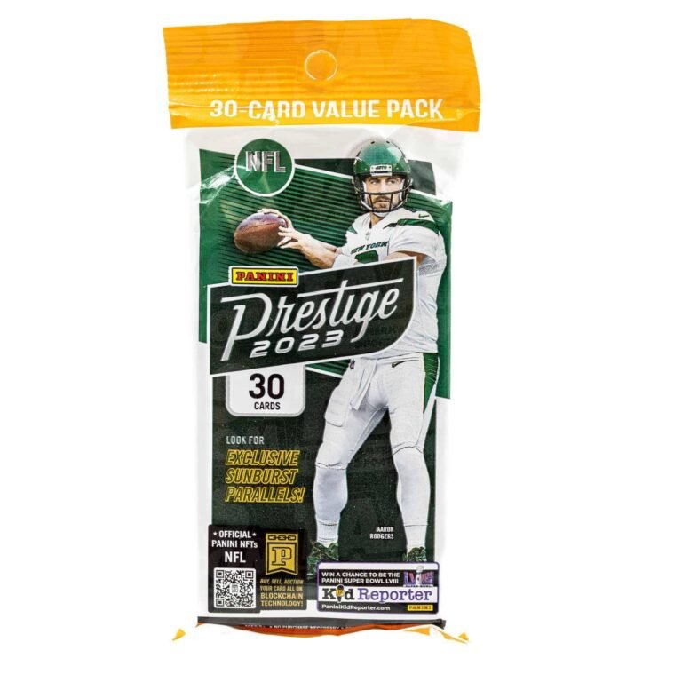 Panini Prestige 2023 NFL trading card pack featuring Aaron Rodgers of the Jets