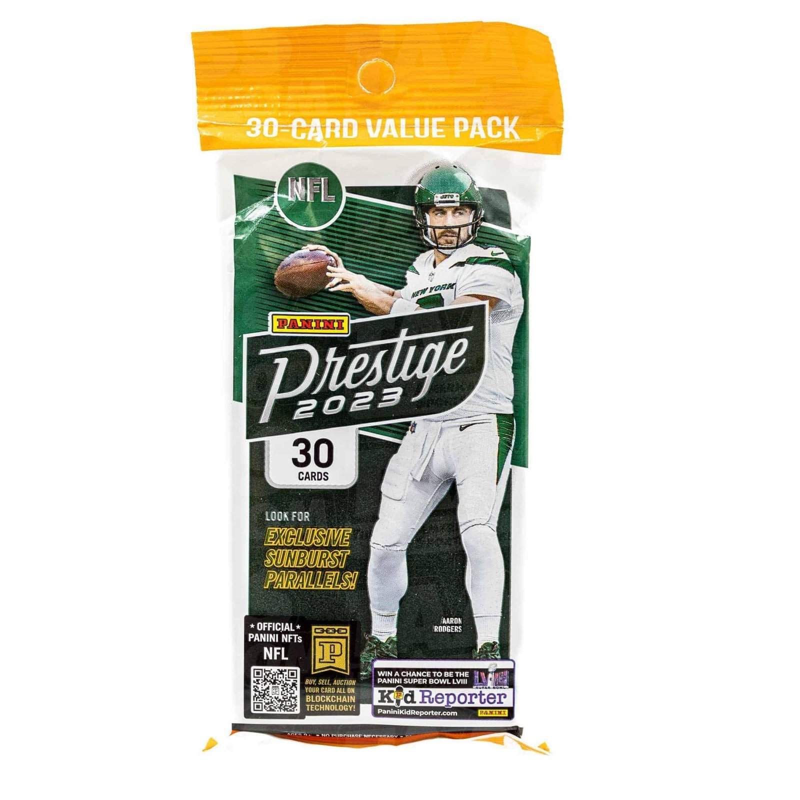 Panini Prestige 2023 NFL trading card pack featuring Aaron Rodgers of the Jets