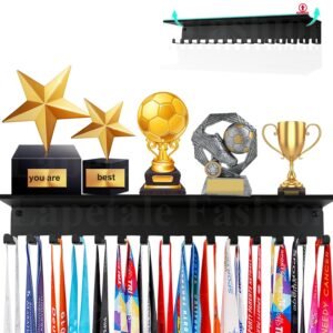 Medal and trophy display shelf with various awards and ribbons hanging