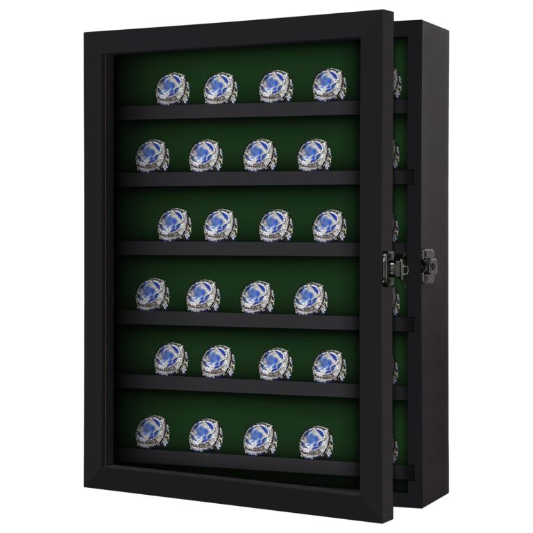 Display case with championship rings, black frame, green interior, open door