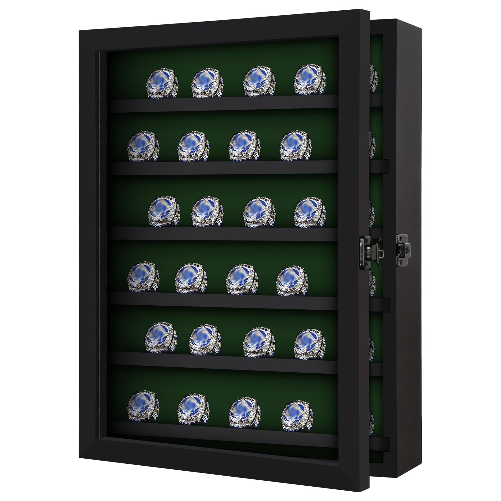 Display case with championship rings, black frame, green interior, open door