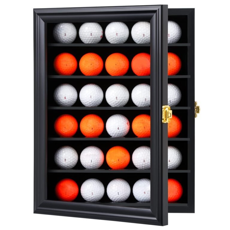 Black display case with golf balls, alternating white and orange