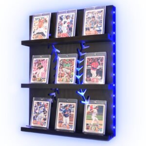 Baseball card display shelf with blue LED lights and baseball cards