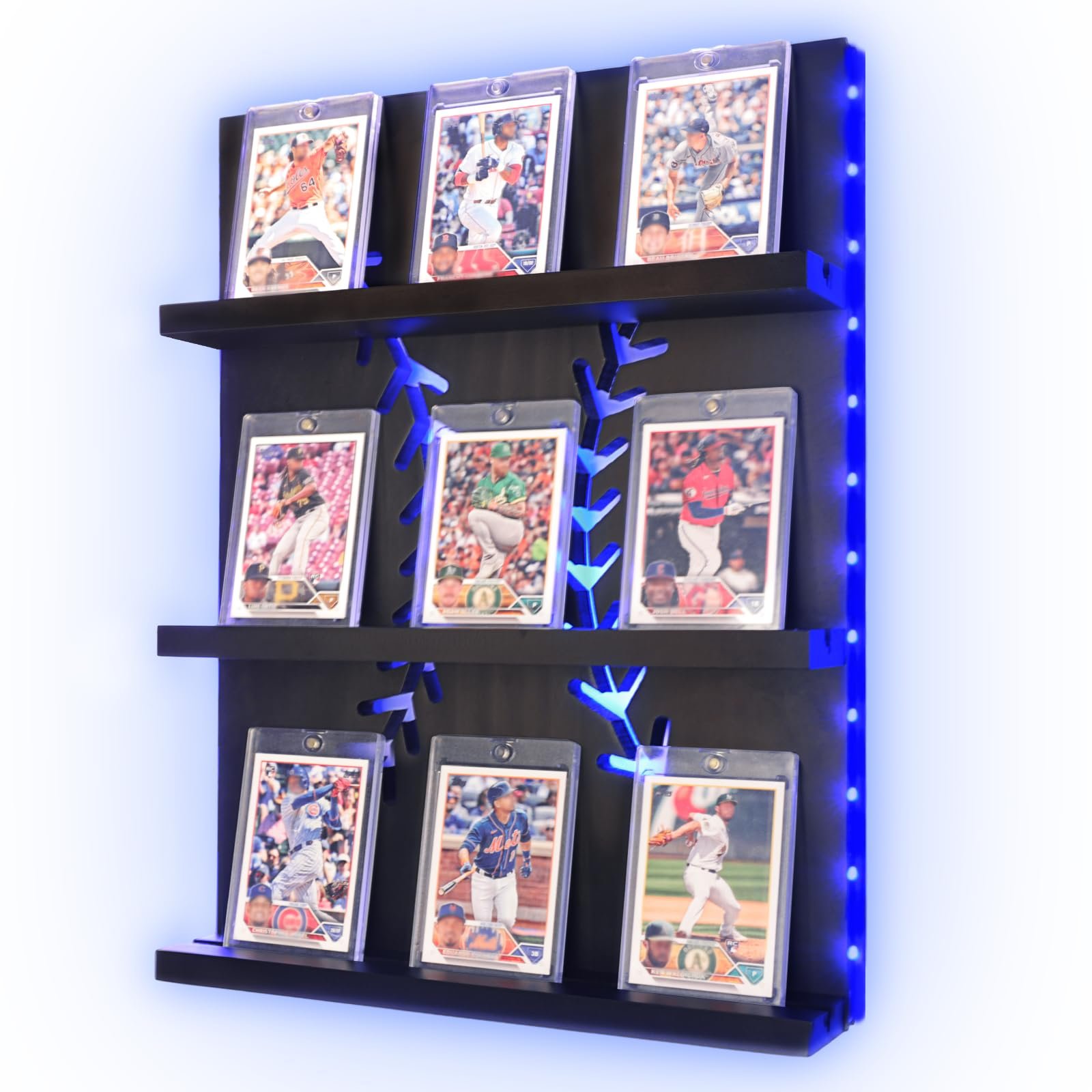 Baseball card display shelf with blue LED lights and baseball cards