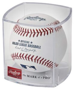 Official Major League Baseball in a clear display case with Rawlings branding