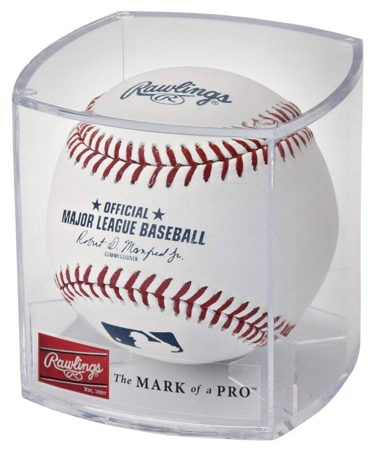 Official Major League Baseball in a clear display case with Rawlings branding