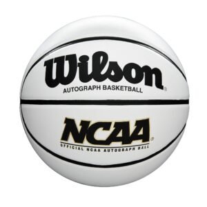 White Wilson NCAA autograph basketball with black and gold lettering
