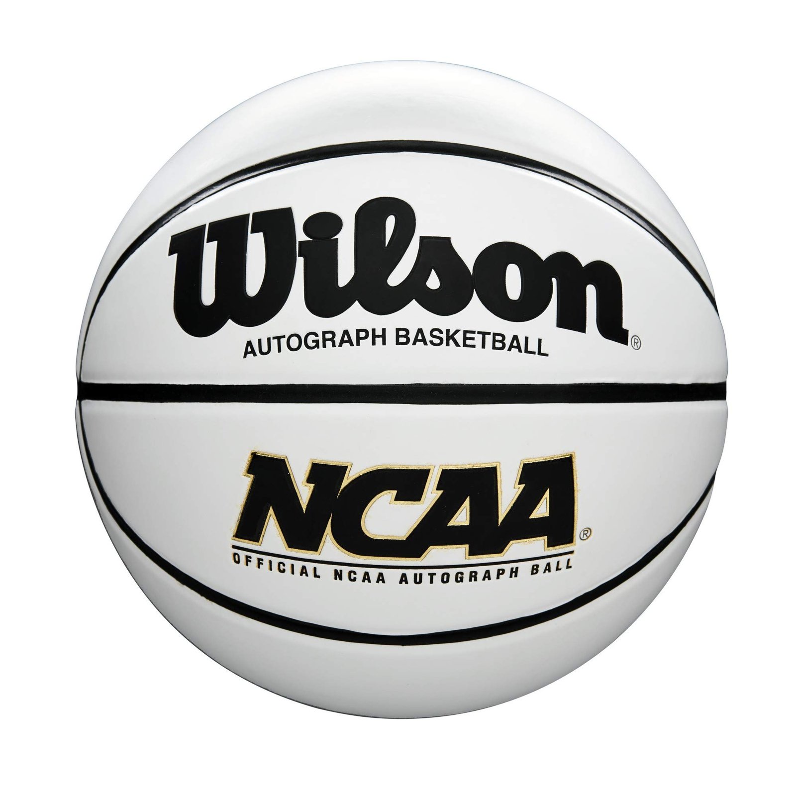White Wilson NCAA autograph basketball with black and gold lettering