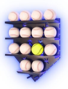 Baseball and softball display shelf with a single yellow softball