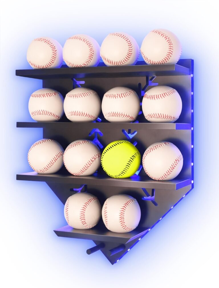 Baseball and softball display shelf with a single yellow softball