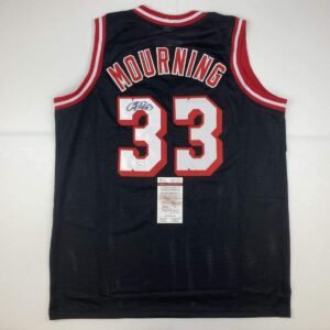 Black basketball jersey with "MOURNING" and "33" signed by Alonzo Mourning