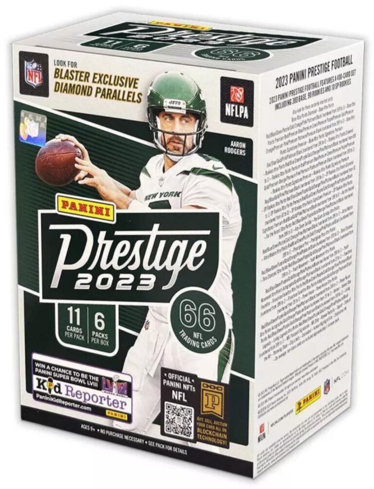 Panini Prestige 2023 football trading card box with Aaron Rodgers on cover