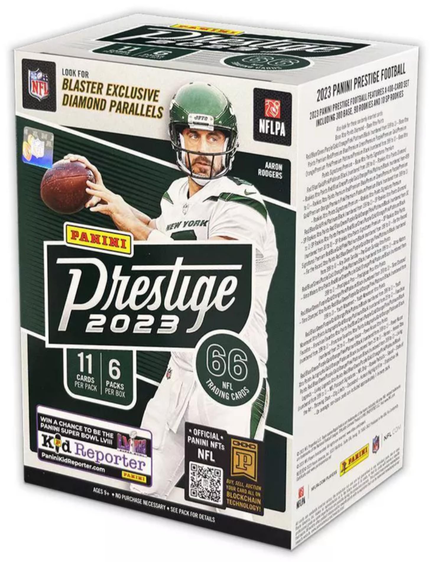 Panini Prestige 2023 football trading card box with Aaron Rodgers on cover