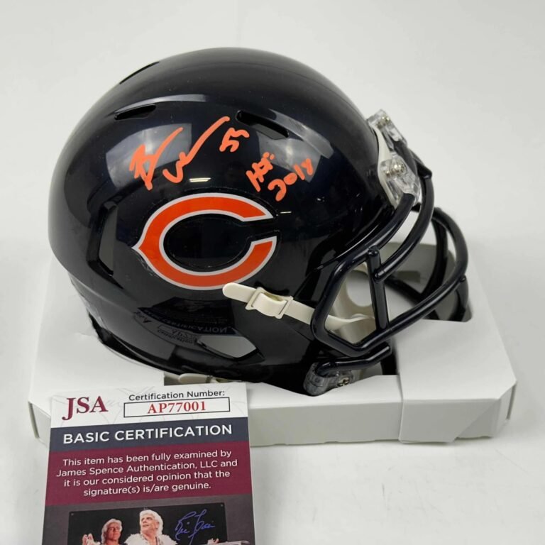 Black Chicago Bears football helmet with signature and authentication card