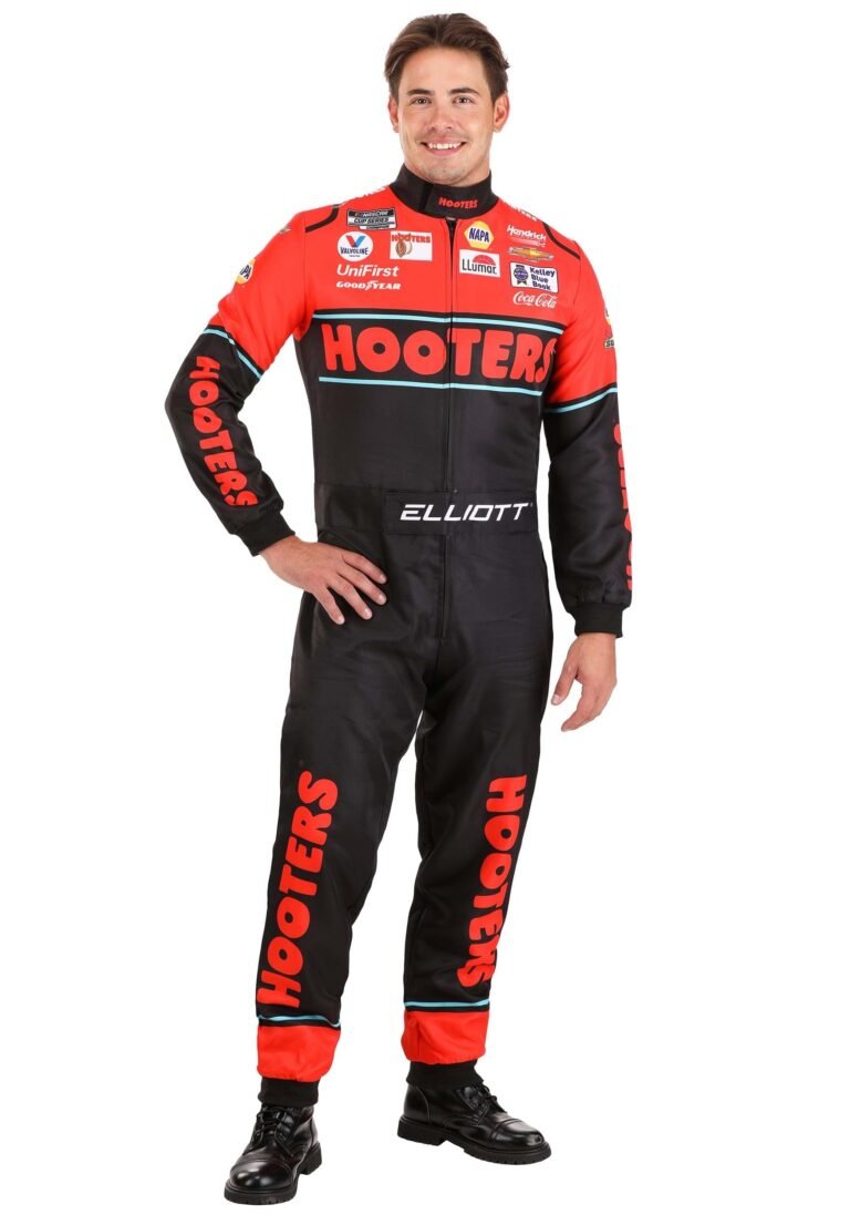 Man in Hooters racing suit, black boots, smiling, posing with hand on hip