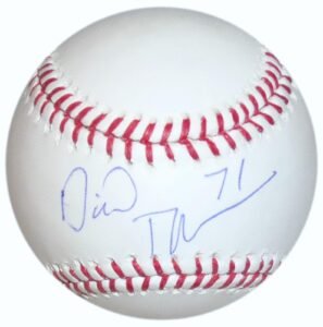 Baseball with red stitching and blue autograph, possibly a collectible