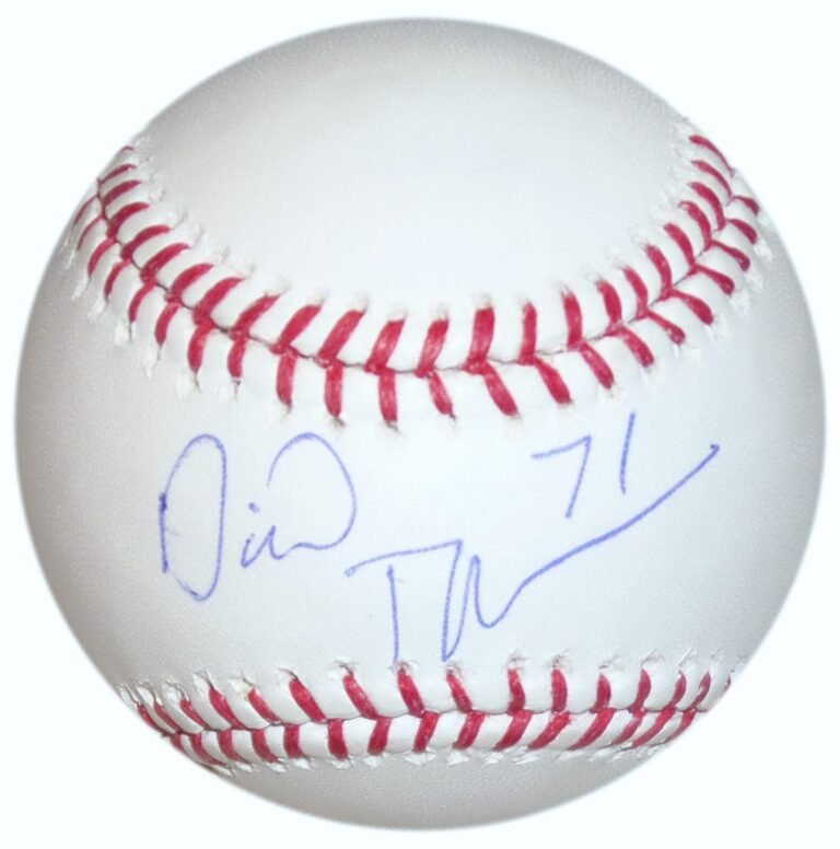 Baseball with red stitching and blue autograph, possibly a collectible