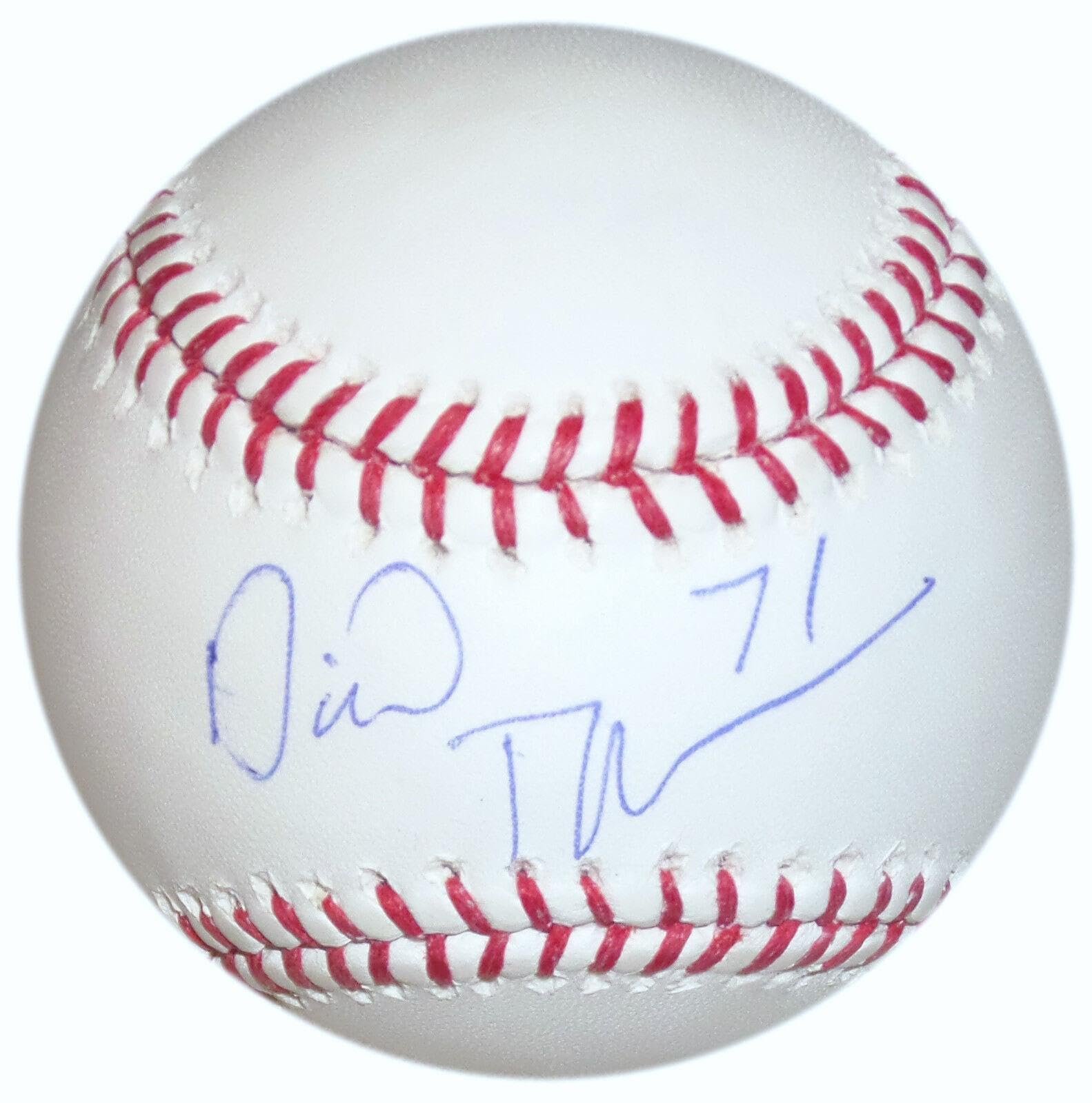 Baseball with red stitching and blue autograph, possibly a collectible