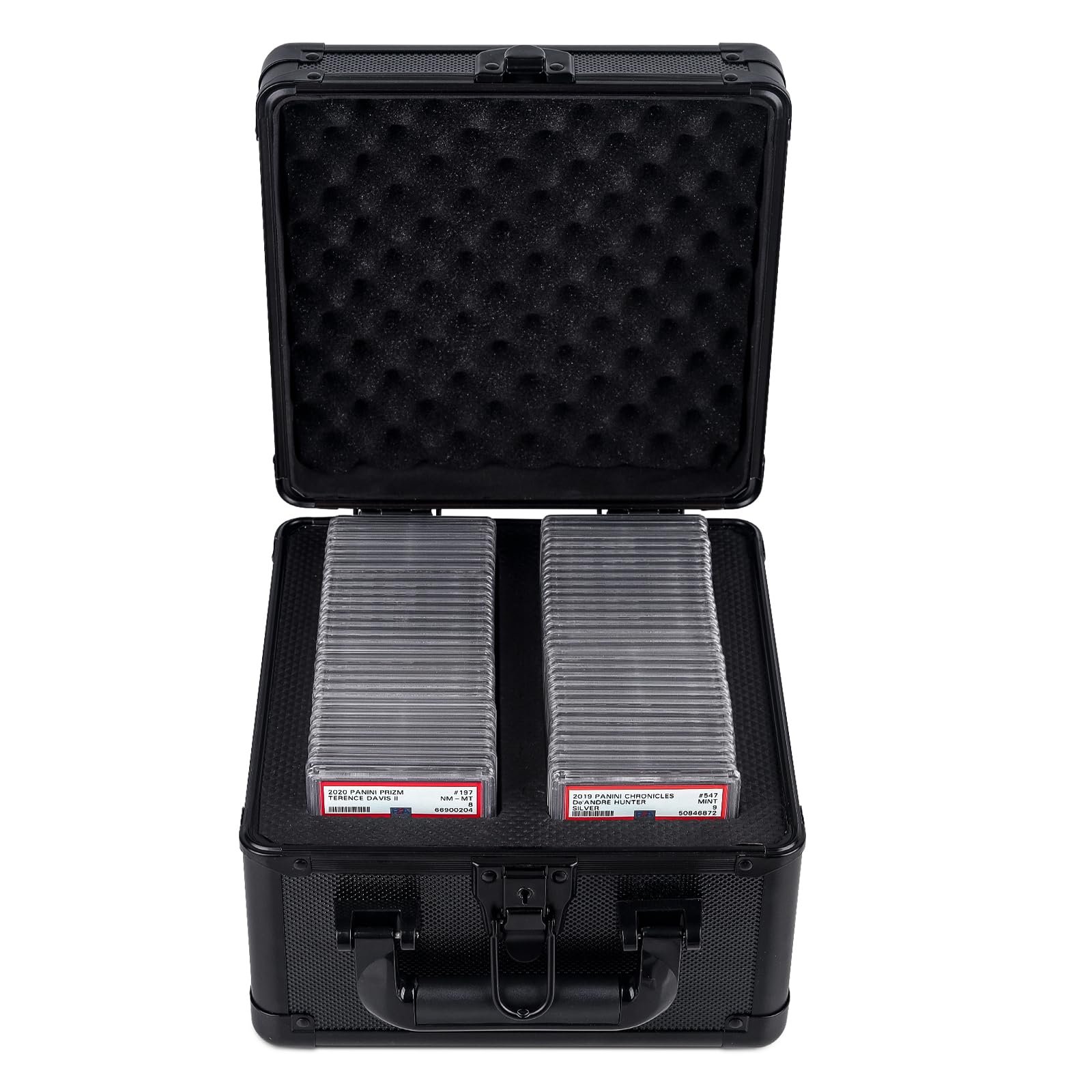 Open black case with graded sports cards inside, foam padding