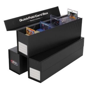 Black QuickFold card box with trading cards, including a Charmeleon card