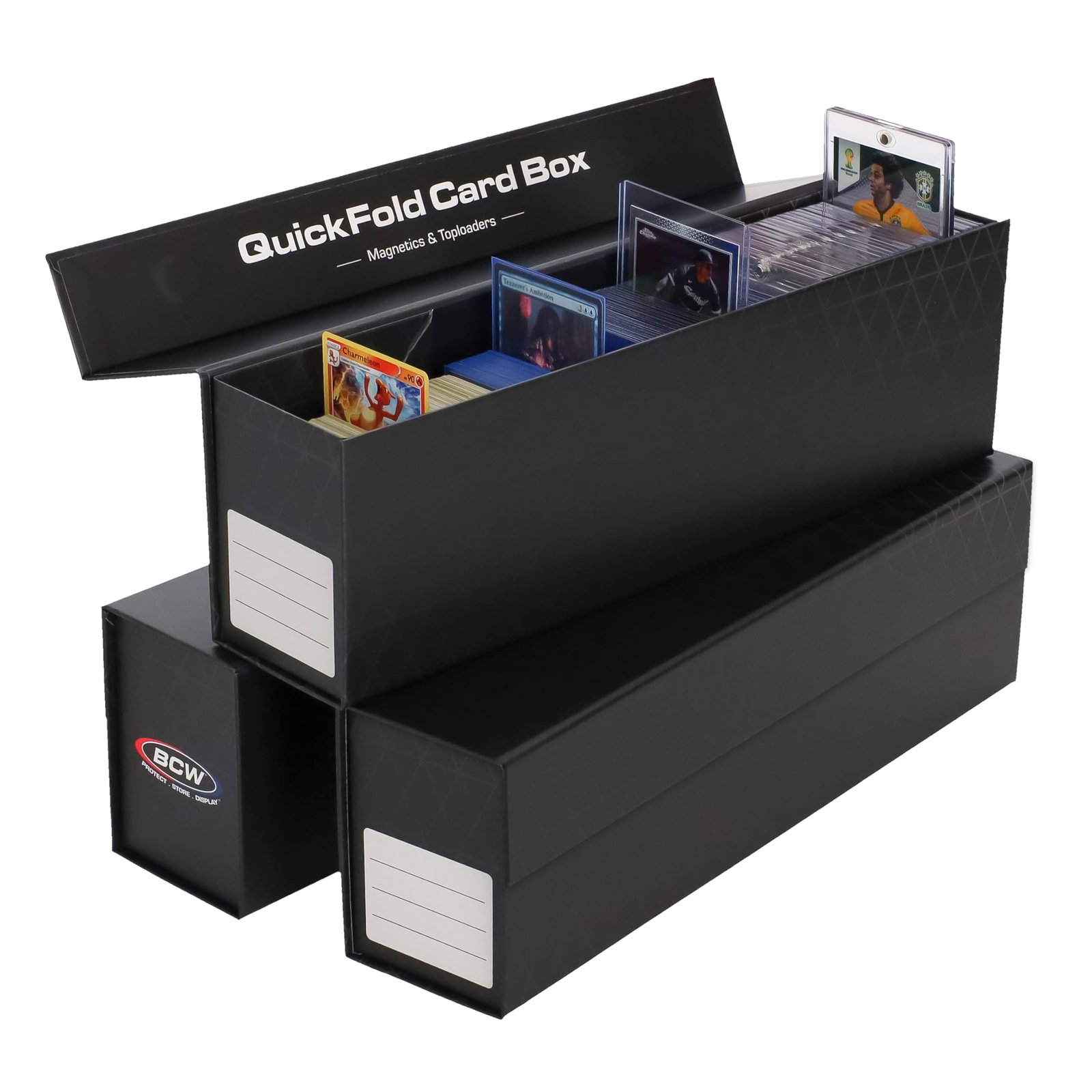 Black QuickFold card box with trading cards, including a Charmeleon card