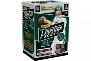 Panini Prestige 2023 NFL trading card box featuring Aaron Rodgers and football