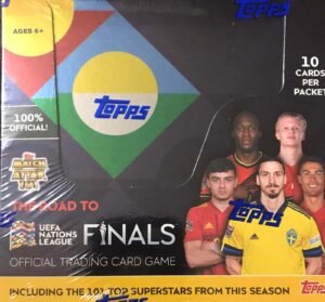 Topps Match Attax trading card game box with soccer players