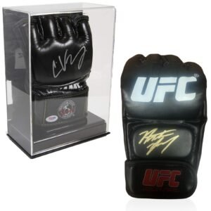 Signed UFC glove in a display case, and a second glove