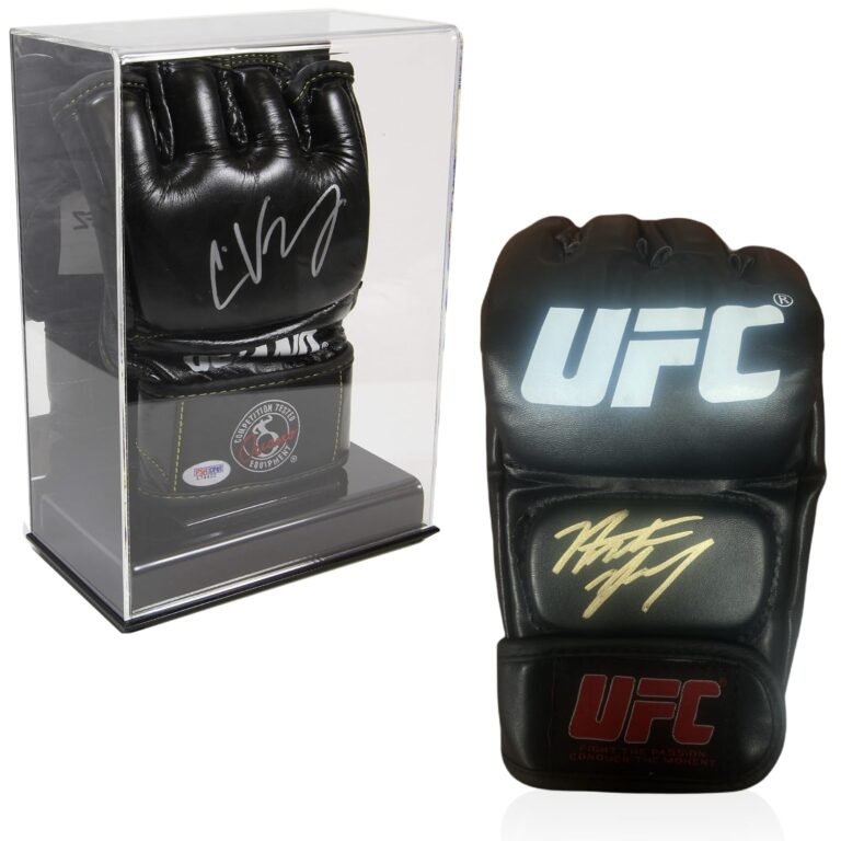Signed UFC glove in a display case, and a second glove