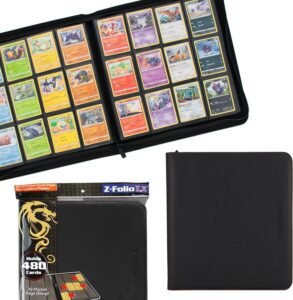 Black card binder with Pokémon cards in sleeves, and packaging