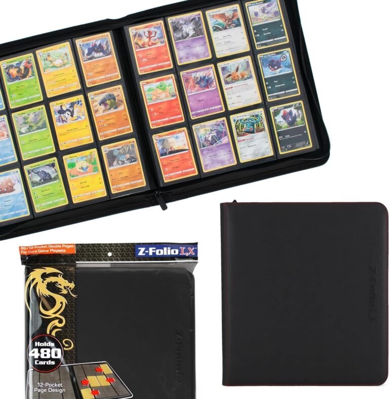 Black card binder with Pokémon cards in sleeves, and packaging