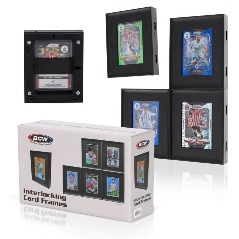 Black interlocking card frames displaying sports cards, with a BCW box in the foreground