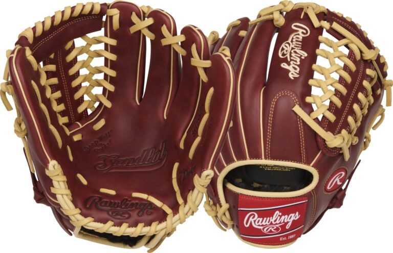 Burgundy Rawlings baseball glove with tan lacing and branding details