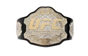 UFC championship belt with gold and silver detailing, black leather strap