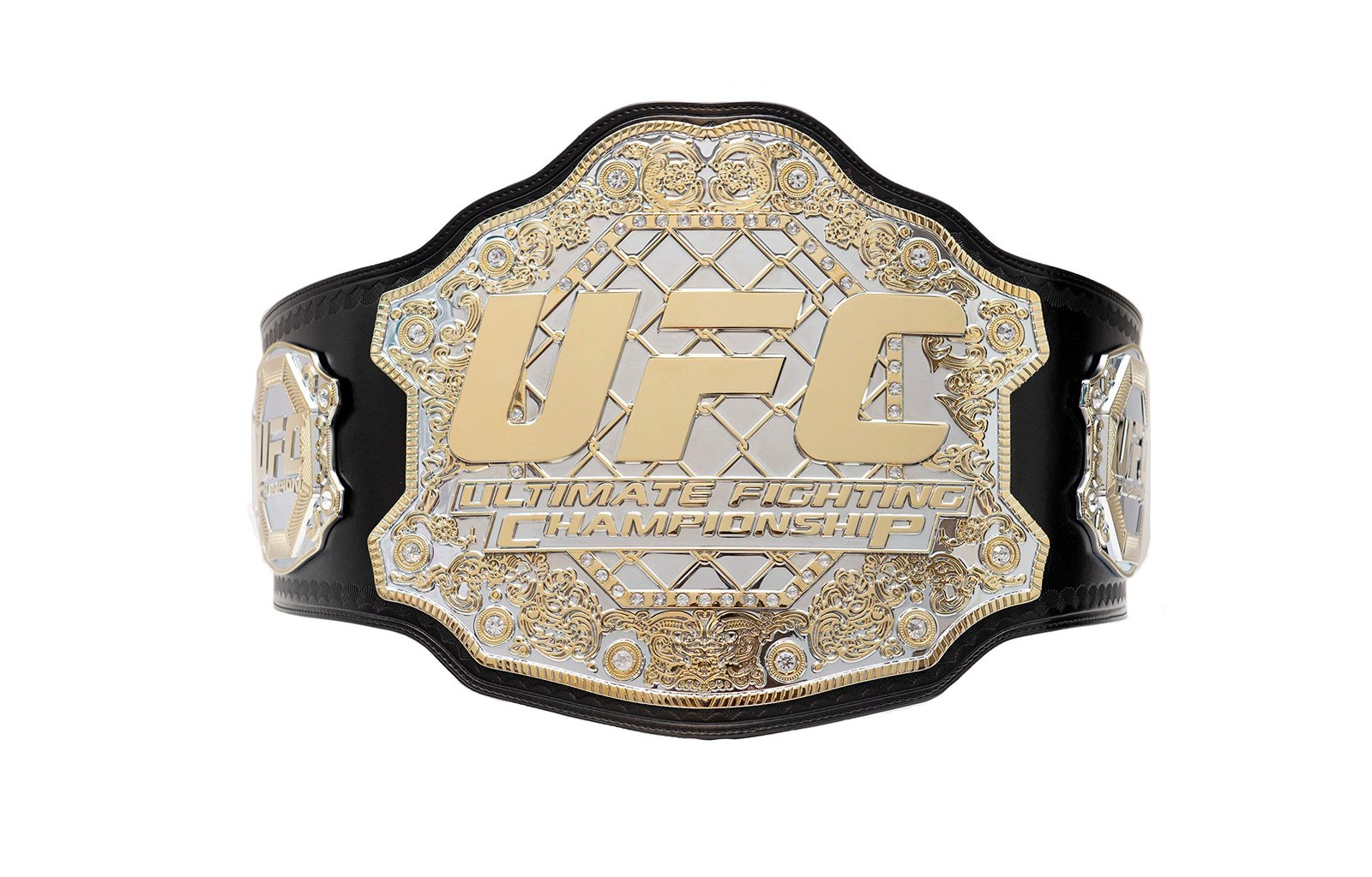 UFC championship belt with gold and silver detailing, black leather strap