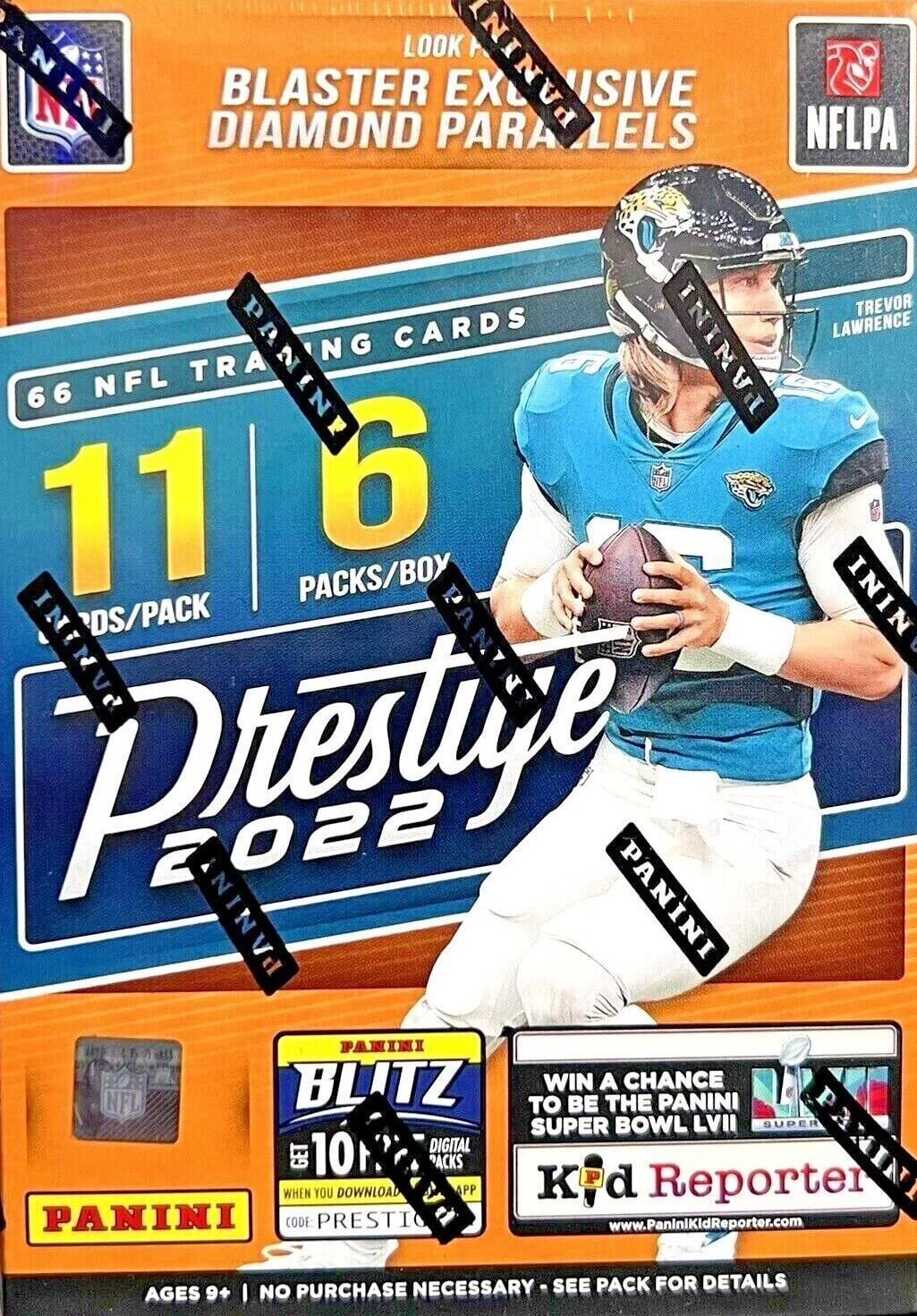 Panini Prestige 2022 NFL trading card box featuring Trevor Lawrence holding football